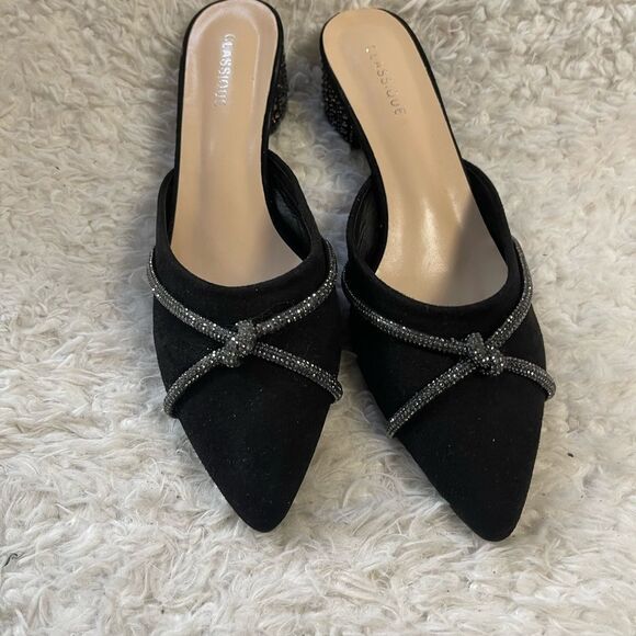 Classique synthetic black suede mules jewel knot accent rhinestone heels SZ10M - Picture 3 of 10